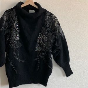 Vintage Black Cowl Neck Sweater with Embellishments